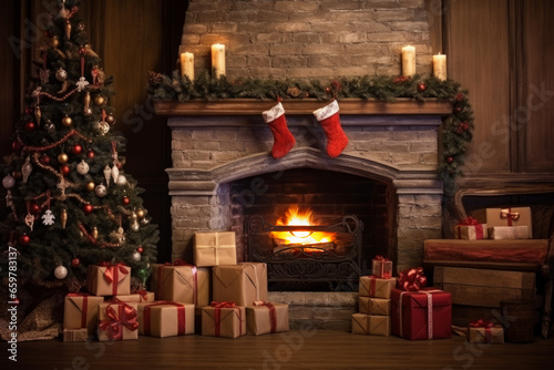 Background for New Year's greetings or Christmas. Fireplace and tree decorated with gifts, present boxes, candles.