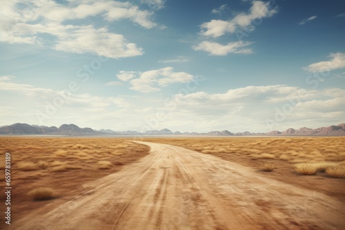 A picture of a dirt road stretching through the vast desert landscape. Perfect for illustrating the isolation and ruggedness of desert environments.