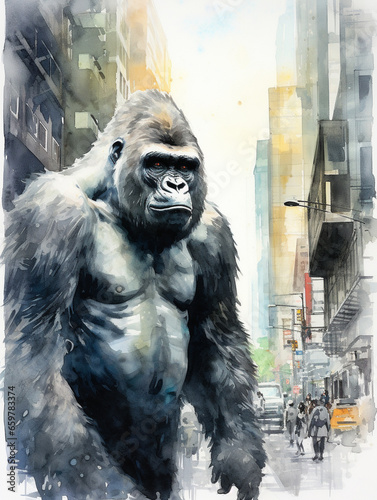 A Minimal Watercolor of a Gorilla on the Street of a Large Modern City