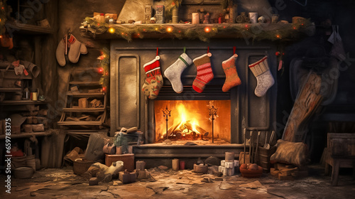 In a shabby room, with a burning fireplace, there were worn-out socks, belonging to poor children, hanging, waiting for gifts, from Santa Claus, on Christmas day, generative ai