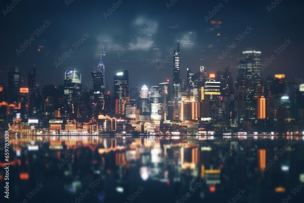 A captivating view of a city at night, with shimmering lights reflected on the water. Perfect for urban-themed projects or travel advertisements