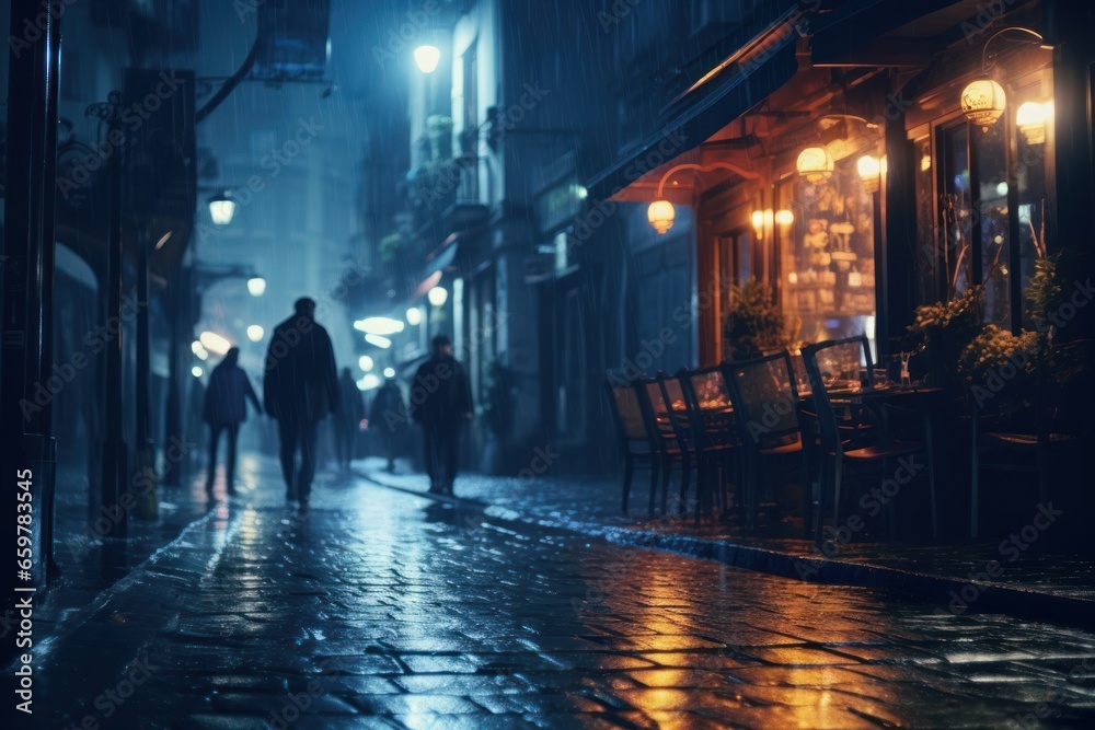 A couple walking down a street at night. This image can be used to depict a romantic evening stroll or a casual nighttime walk in the city