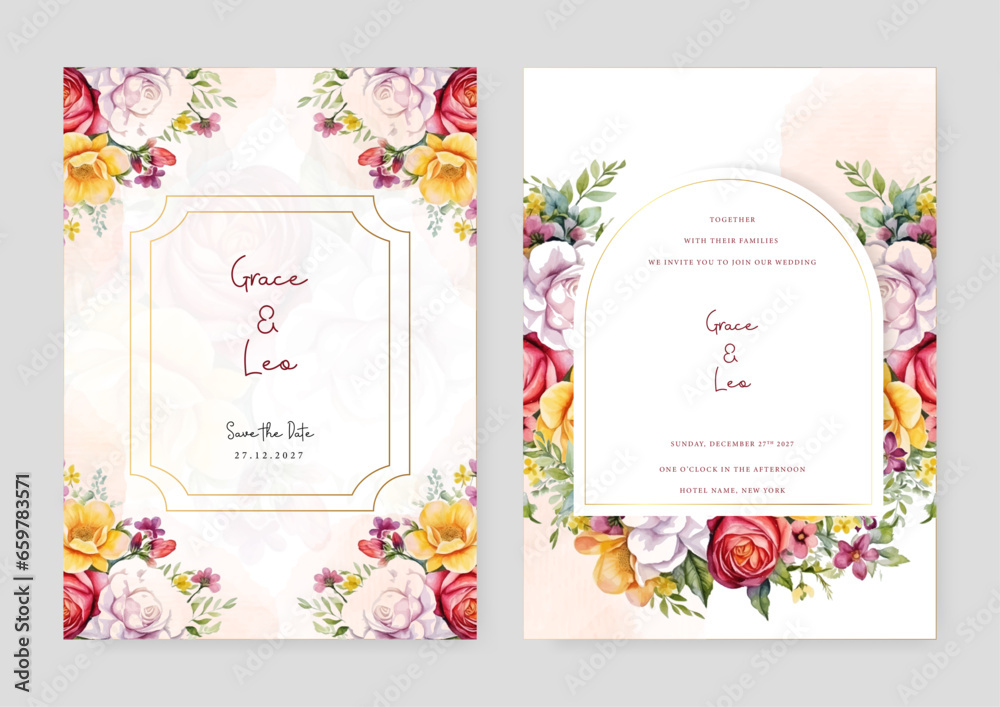 Pink yellow and red rose beautiful wedding invitation card template set with flowers and floral