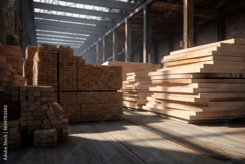 A warehouse filled with neatly stacked piles of wood. This image can be used to represent construction, woodworking, or storage concepts A warehouse filled with neatly stacked piles of wood. This image can be used to represent construction, woodworking, or storage concepts