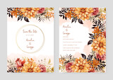 Colorful colourful chrysanthum luxury wedding invitation with golden line art flower and botanical leaves, shapes, watercolor