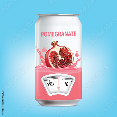Pomegranate juice can with a weight scale. Diet concept. Vector.