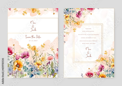 Colorful colourful peony artistic wedding invitation card template set with flower decorations
