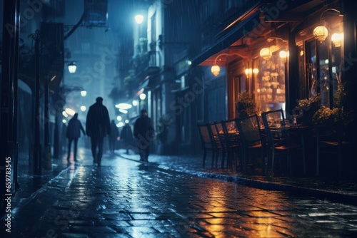 A couple walking down a street at night. This image can be used to depict a romantic evening stroll or a casual nighttime walk in the city