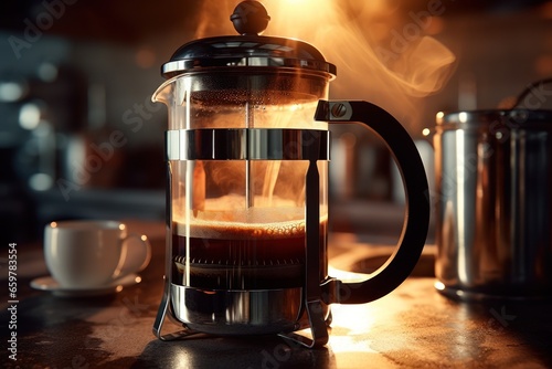 A close-up view of a coffee pot on a table. This image can be used to depict a cozy coffee break or to illustrate a coffee brewing process.