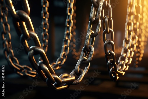 Chains hanging from a ceiling, suitable for industrial or construction themes photo
