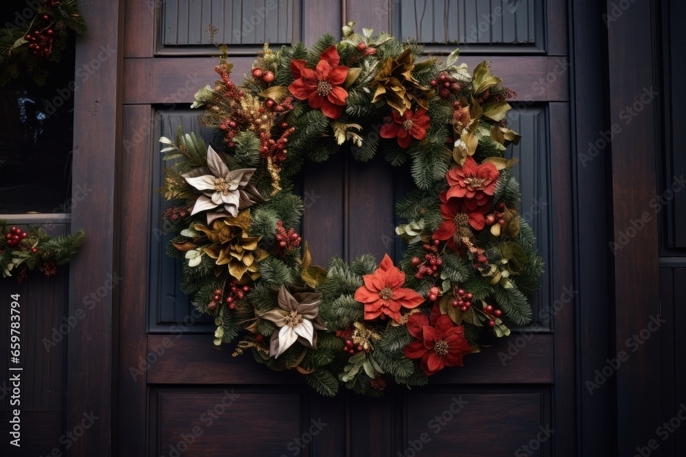A wreath placed on the front door of a house. Perfect for adding a welcoming touch to any home A wreath placed on the front door of a house. Perfect for adding a welcoming touch to any home