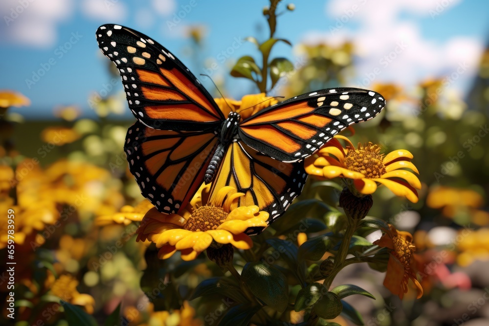 A beautiful butterfly perched on top of a vibrant yellow flower. Perfect for nature lovers and garden enthusiasts A beautiful butterfly perched on top of a vibrant yellow flower. Perfect for nature lovers and garden enthusiasts
