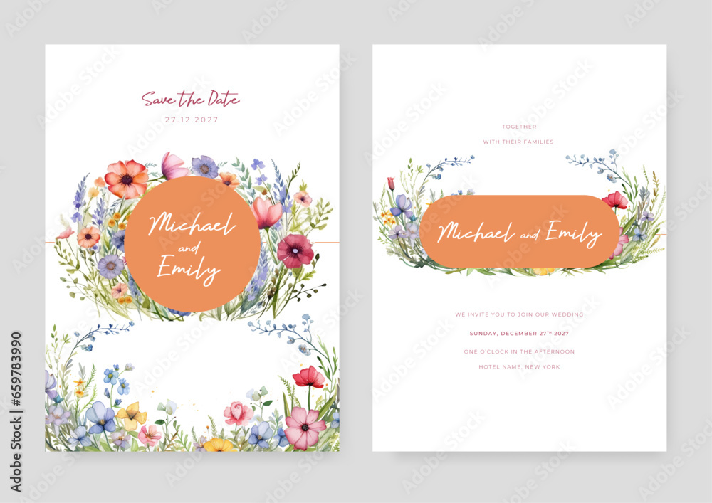 Colorful colourful peony luxury wedding invitation with golden line art flower and botanical leaves, shapes, watercolor