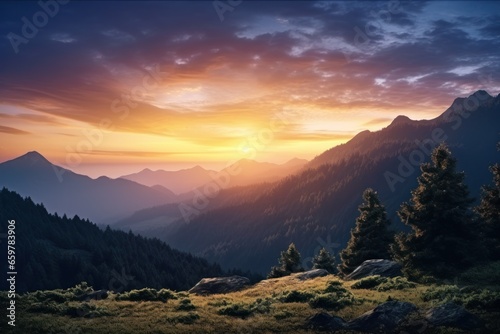 A picturesque sunset over a majestic mountain range. Perfect for nature lovers and travel enthusiasts
