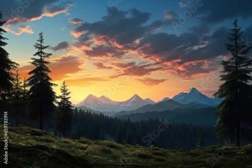 A beautiful painting capturing the serene and vibrant colors of a sunset in the mountains. This artwork can add a calming and picturesque touch to any space