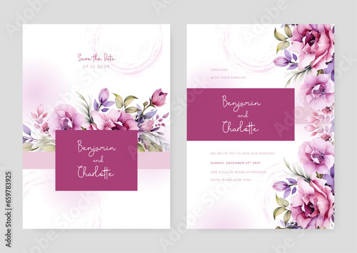 Purple violet rose set of wedding invitation template with shapes and flower floral border