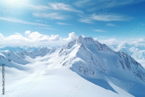 A picture of a snow-covered mountain against a clear blue sky. This image can be used to depict winter landscapes, outdoor adventures, or nature scenes