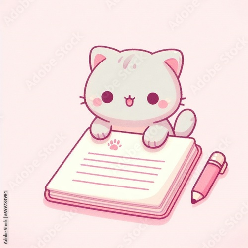 kitten writing, story book, kids story, pastel pink shade, solid background