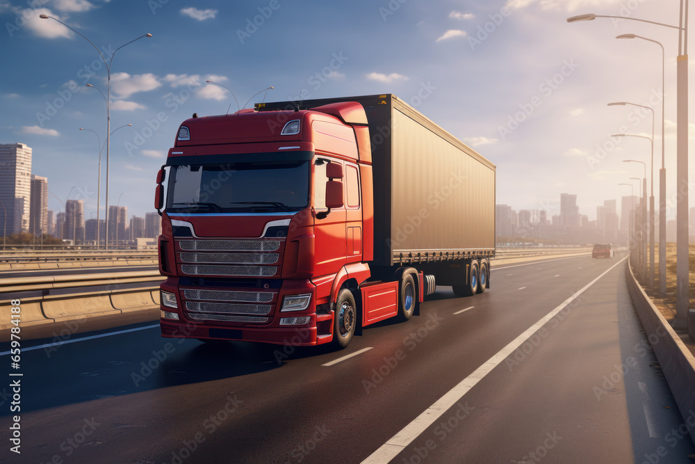 A red semi truck driving down a highway. This image can be used to depict transportation, logistics, or the trucking industry A red semi truck driving down a highway. This image can be used to depict transportation, logistics, or the trucking industry