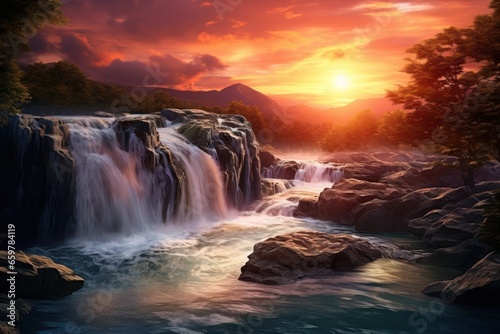 A beautiful painting capturing the serenity of a waterfall at sunset, with rocks in the foreground. This artwork can bring a sense of tranquility to any space