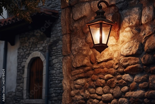 A picture of a light shining on a stone wall next to a building. This image can be used to depict architectural details  lighting effects  or the concept of illumination