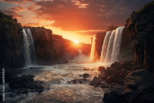 A breathtaking image capturing the beautiful moment as the sun sets over a cascading waterfall in the mountains. 