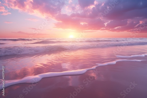 A beautiful sunset over the water on the beach. This image can be used to capture the serene and tranquil atmosphere of a beach setting