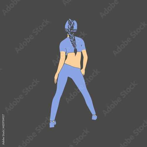 Standing woman. Sport girl illustration. Casual sportwear - t-shirt, breeches and sneakers. Young woman wearing workout clothes. Sport fashion girl outline in urban casual style. Back view