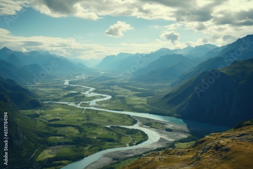A picturesque view of a river flowing through a valley surrounded by majestic mountains. This scenic landscape can be used to depict the beauty of nature and the tranquility of untouched wilderness