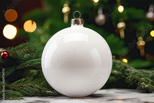 Round white blank Christmas ornament, mockup, copy space 