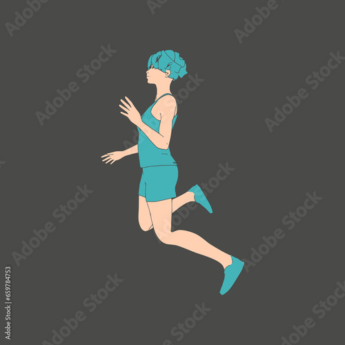 Jumping beautiful woman. Sport girl illustration. Young woman wearing workout clothes. Sport fashion girl outline in urban casual style.