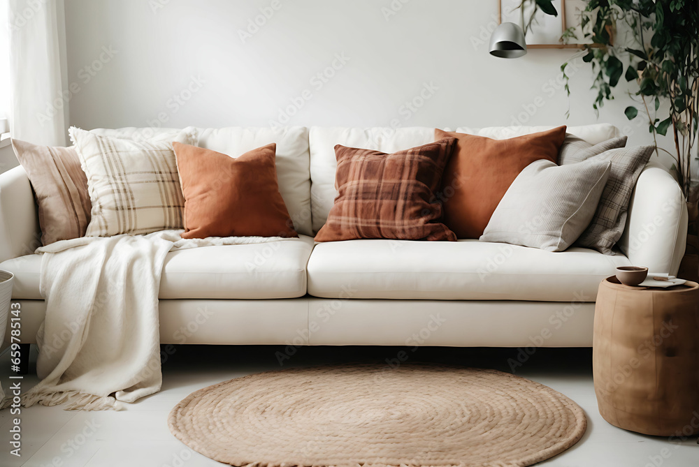 Comfortable sofa with cushions and plaid in stylish living room interior
 - obrazy, fototapety, plakaty 