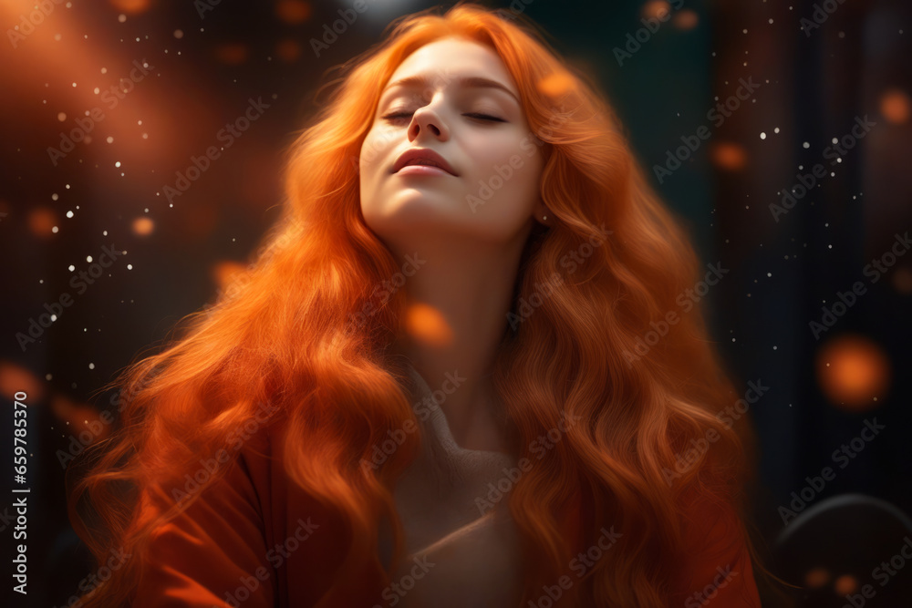 Woman with red hair is looking up at the sky