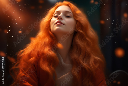 Woman with red hair is looking up at the sky