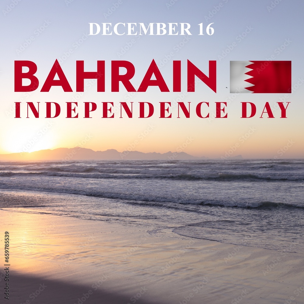 Naklejka premium Composite of december 16, bahrain independence day text and bahrain flag over seascape against sky