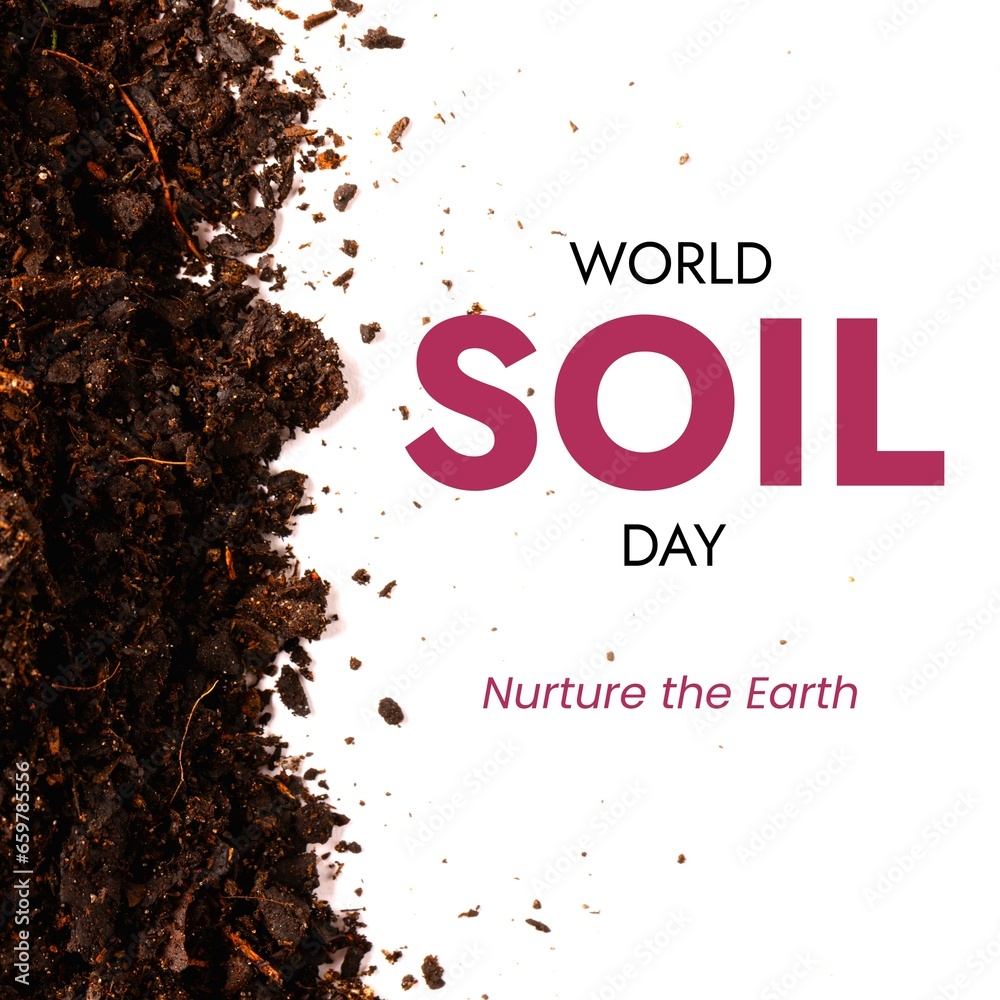 Obraz premium Composite of world soil day and nurture the earth text over soil on white background, copy space
