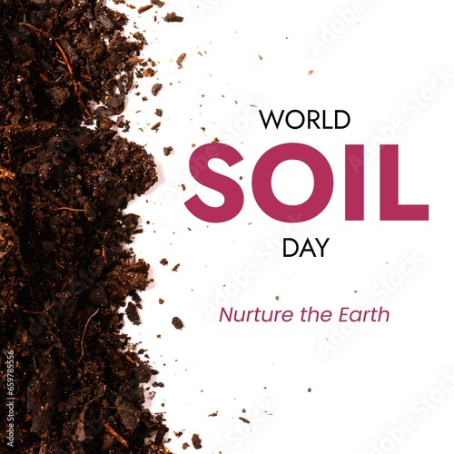 Composite of world soil day and nurture the earth text over soil on white background, copy space