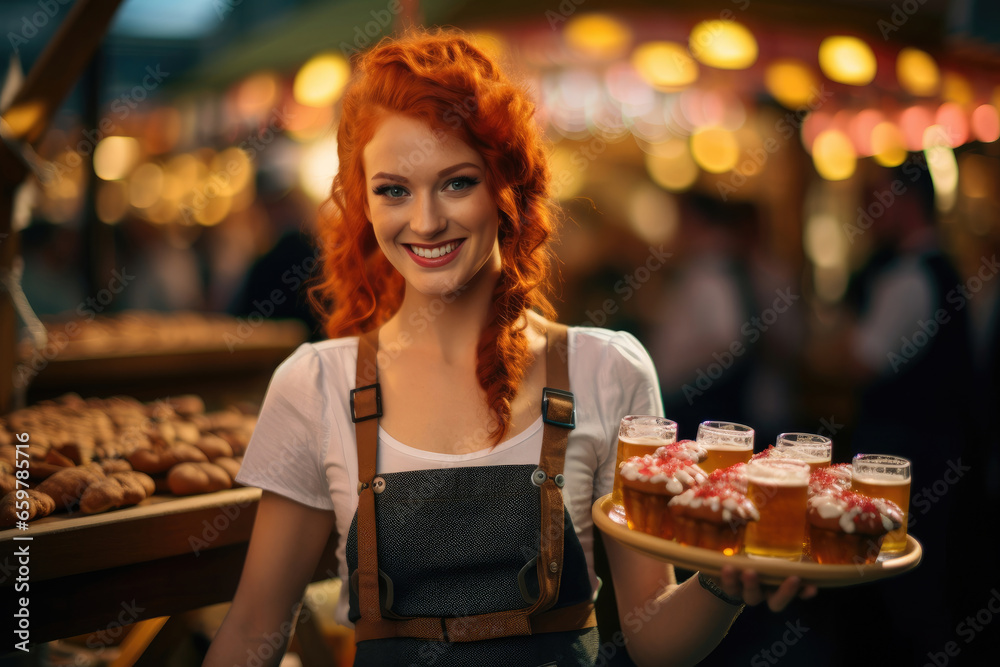 Fototapeta premium Cute red-haired waitress with a tray of beer at Oktoberfest