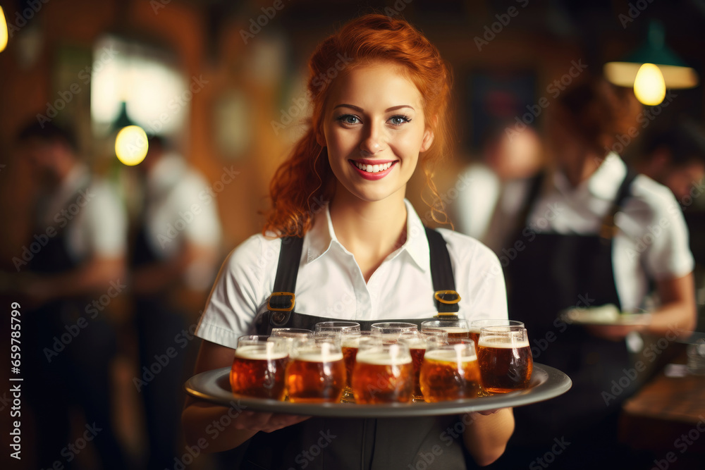 Cute red-haired waitress with a tray of beer at Oktoberfest