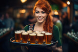 Cute red-haired waitress with a tray of beer at Oktoberfest