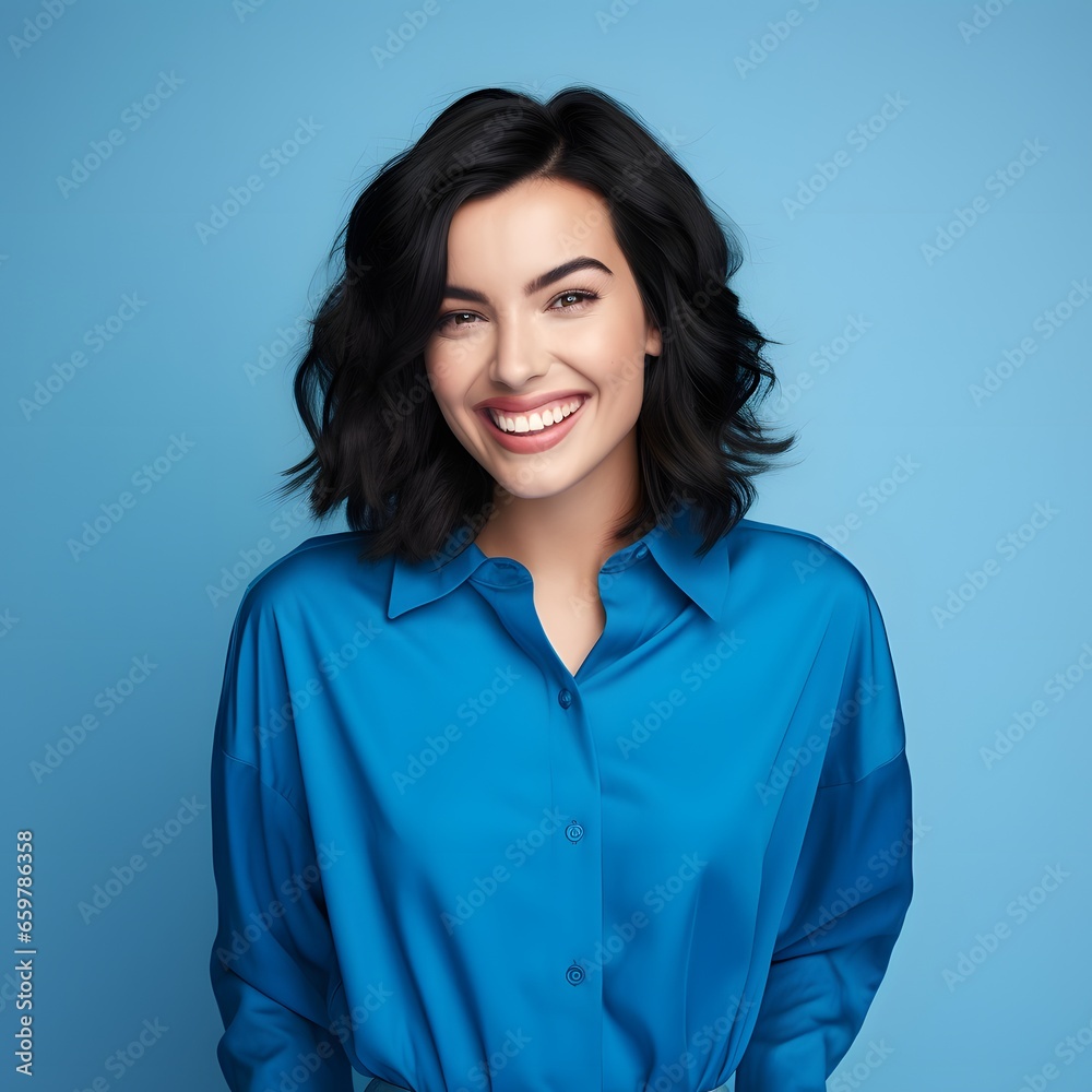 Image of happy young lady over blue background. Looking camera pointing. Image of happy young lady over blue background. Looking camera pointing.