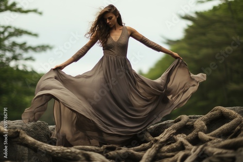 Woman in a brown dress standing over tree roots