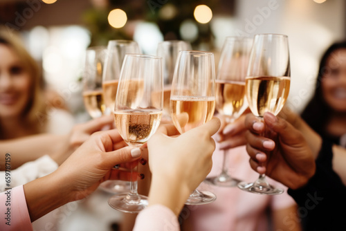 Group of female friends raising their glasses with champagne, toasting