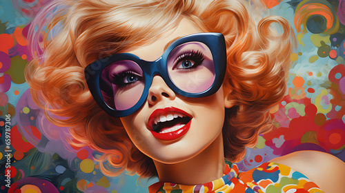 Retro pop art 50s illustration. Blonde woman face with a joyful expression wearing blue sunglasses