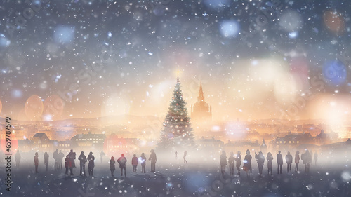 silhouettes of a group people in front of a decorated large Christmas tree on the square  new year holiday abstract background with snowfall