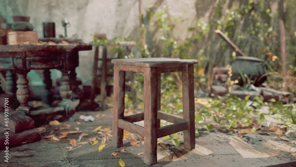 A wooden stool sitting on top of a stone floor A wooden stool sitting on top of a stone floor