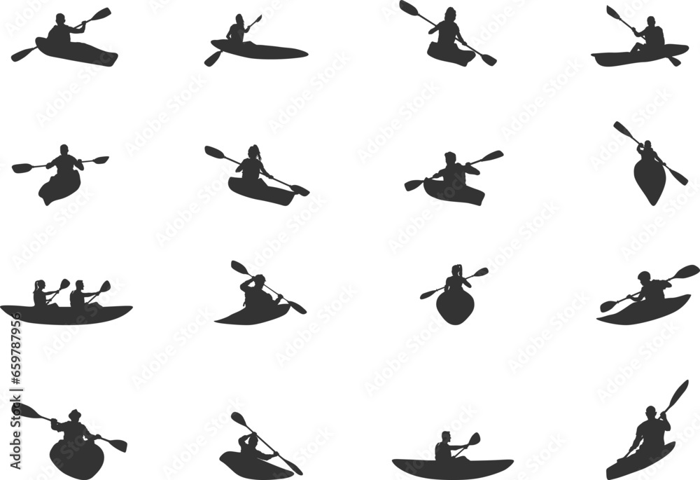 Kayak silhouettes, Canoe silhouette, Woman kayaking silhouette, Kayaking silhouette, Kayak SVG, Kayak vector set - obrazy, fototapety, plakaty 