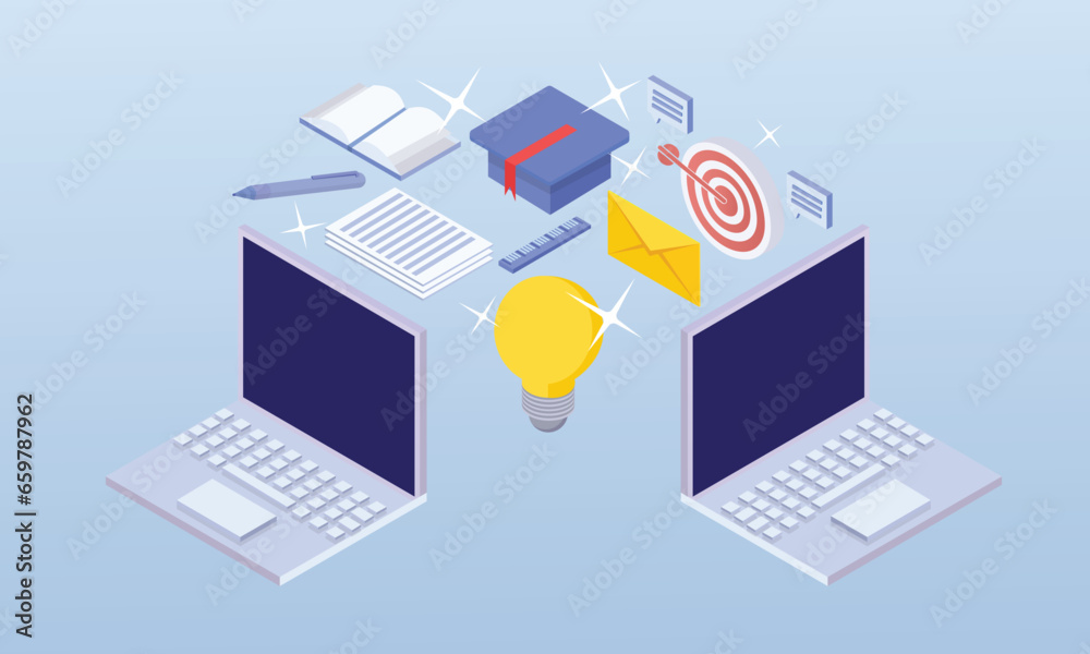 E-learning.on blue background.3D design.isometric vector design Illustration. E-learning.on blue background.3D design.isometric vector design Illustration.