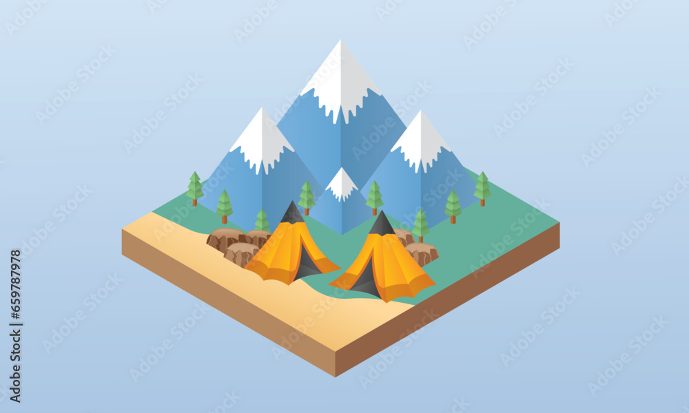 3D mountain camping model.on blue background.3D design.isometric vector design Illustration. 3D mountain camping model.on blue background.3D design.isometric vector design Illustration.