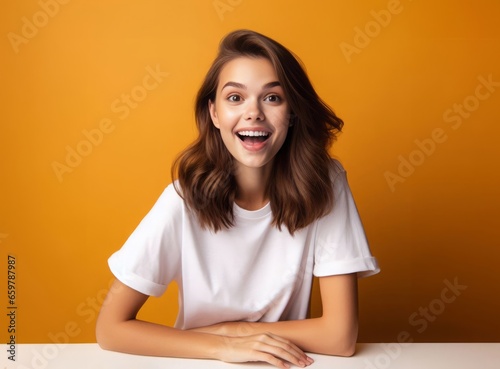 beautiful woman in a white t-shirt is sitting in a room with an orange background © Marpa